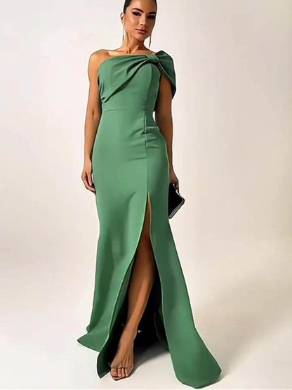 Bow tie One shoulder Green Evening Dress Slit Formal dress