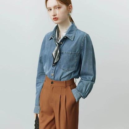 Blue Soft Denim Shirt Jacket Women's Long Sleeve Bandage Denim Dress Top - www.Shopthatapp.com