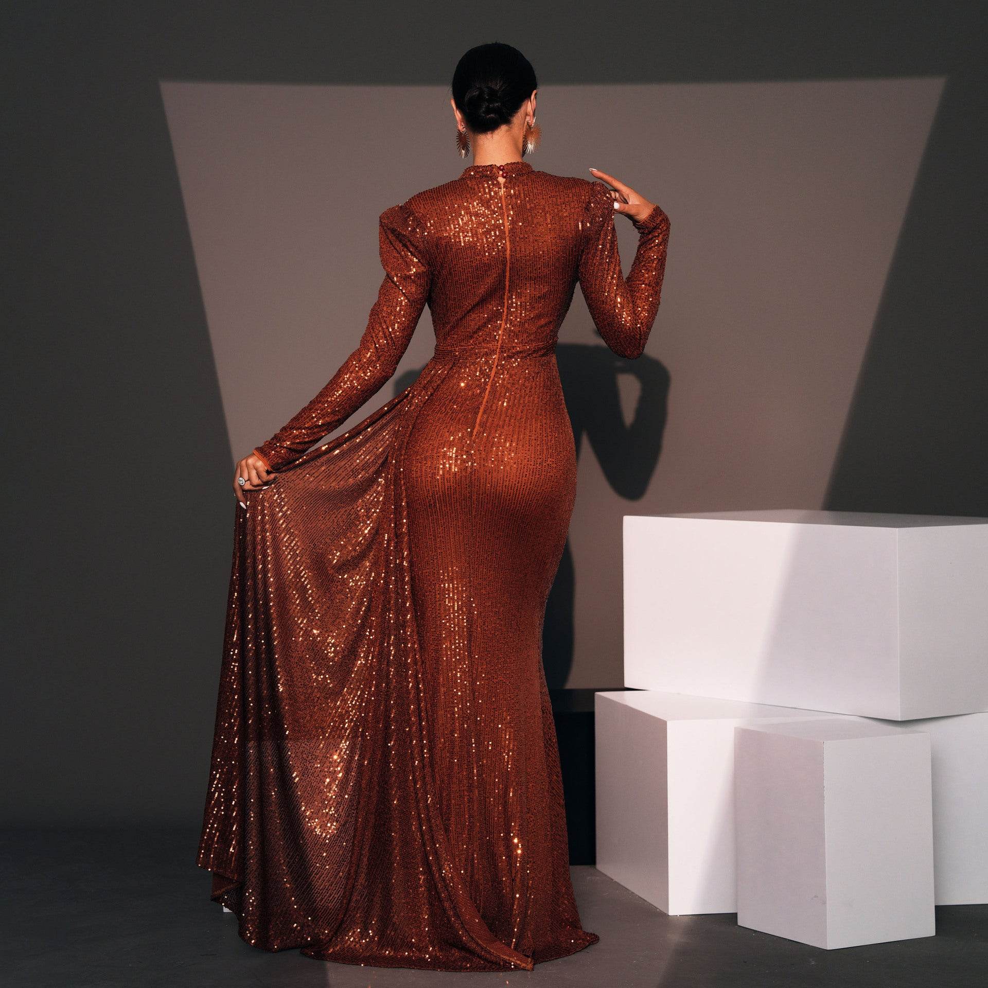 Long Sleeve Round Neck Slim Long Sequined Banquet Dress - www.Shopthatapp.com