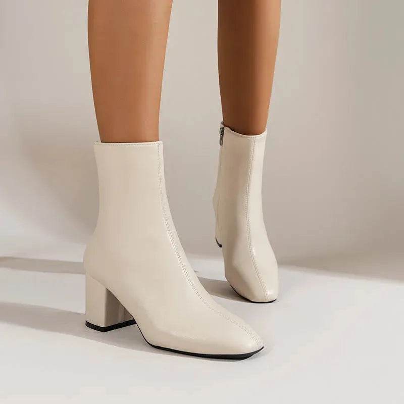 Winter Chunky Heel Pointed Toe Boots With Side Zipper Fashion Mid-calf Boot For Women Shoes - www.Shopthatapp.com