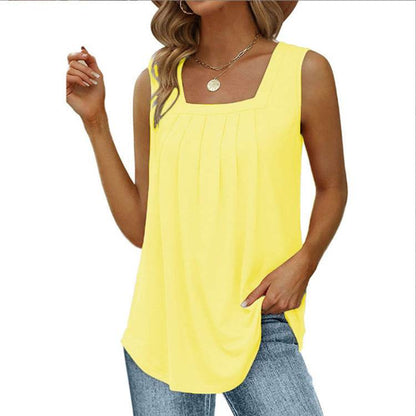 Summer cotton Tops For Women Loose Fit Pleated Square Neck Sleeveless Blouse Tops - www.Shopthatapp.com