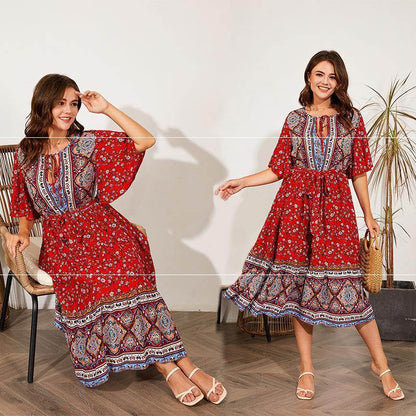 Modest Plus Size Summer dress V Neck Midi Beach boho Dress - www.Shopthatapp.com