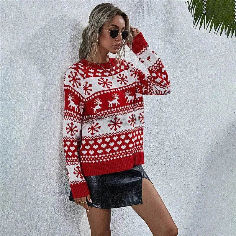 Elk Autumn And Winter New Knitted Round Neck Women's Christmas Snowflake Pullover Women's Sweater - www.Shopthatapp.com