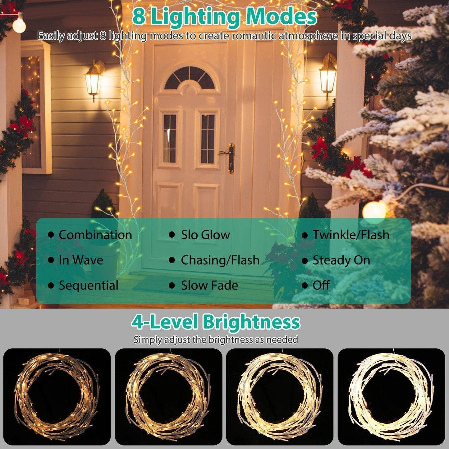 1Pc 7.87FT Lighted Birch Garland Lighted Twig Vine Lights 144LED Birch Garland With Lights String Light With Timer 8 Modes IP45 Waterproof For Christmas Fireplace Home Decoration - www.Shopthatapp.com