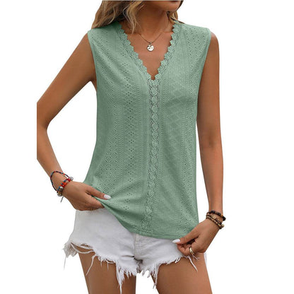 Summer Sleeveless Lace Blouse Tops Women V-neck top - www.Shopthatapp.com
