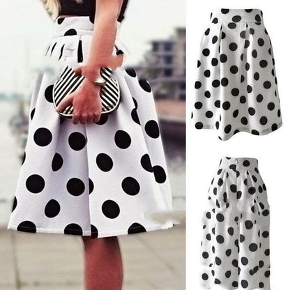 White Polka dot High Waist A-line  Pleated Midi Skirt for office work - www.Shopthatapp.com