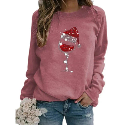 Clothing Christmas Women's Sweater Christmas Hat Red Wine Glass Graphic Print Crew Neck Long-sleeved Sweater - www.Shopthatapp.com
