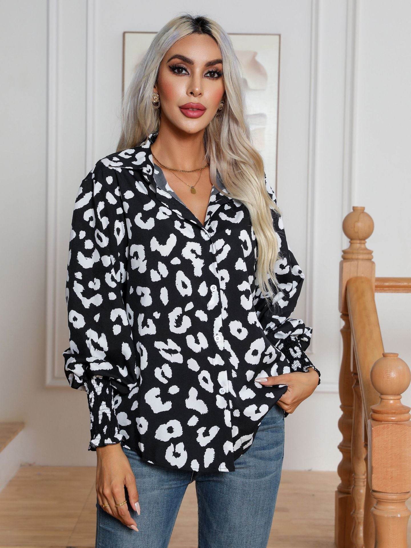 Leopard Print Lantern Sleeve Blouse Shirt top for Women - www.Shopthatapp.com