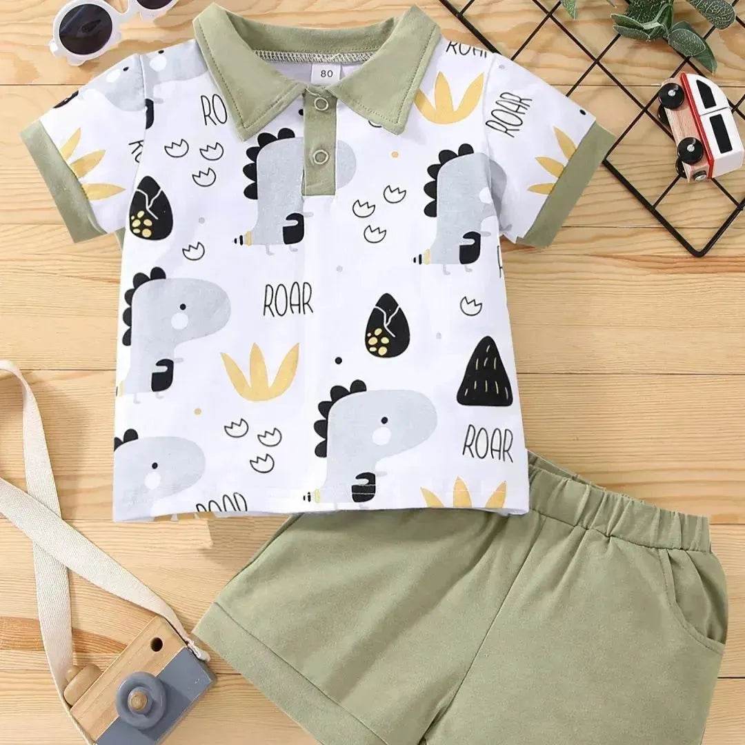 Boy's Little Dinosaur Lapel Cotton Short Sleeve Top Short Pants Suit Two piece for boys. - www.Shopthatapp.com