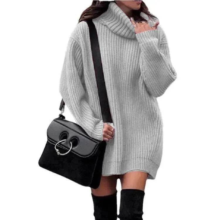 Autumn Winter Solid Cashmere oversized Knitted Mini Turtleneck Sweater Dress - www.Shopthatapp.com