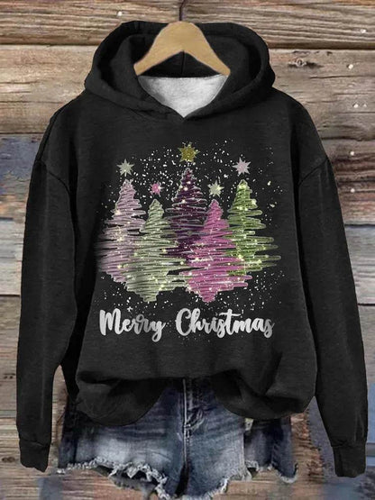 Round Neck Hooded Long Sleeve Four Christmas Trees Loose Hoodie Sweatshirt - www.Shopthatapp.com