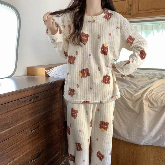 2pcs Women's Fall Winter Warm Pajamas Sets Coral Long Sleeve Cute Cartoon Bear Sleepwear Nightclothes - www.Shopthatapp.com #