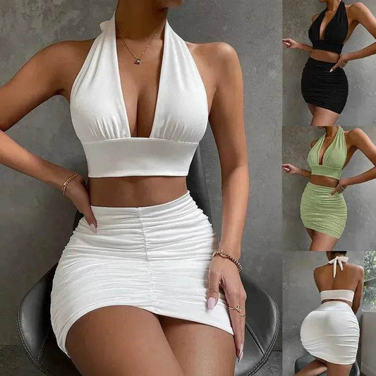 2pcs Dress Suits For Women Halter Lace-up Hip Top And Pleated Hip-covering Skirt - www.Shopthatapp.com