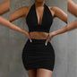 2pcs Dress Suits For Women Halter Lace-up Hip Top And Pleated Hip-covering Skirt - www.Shopthatapp.com