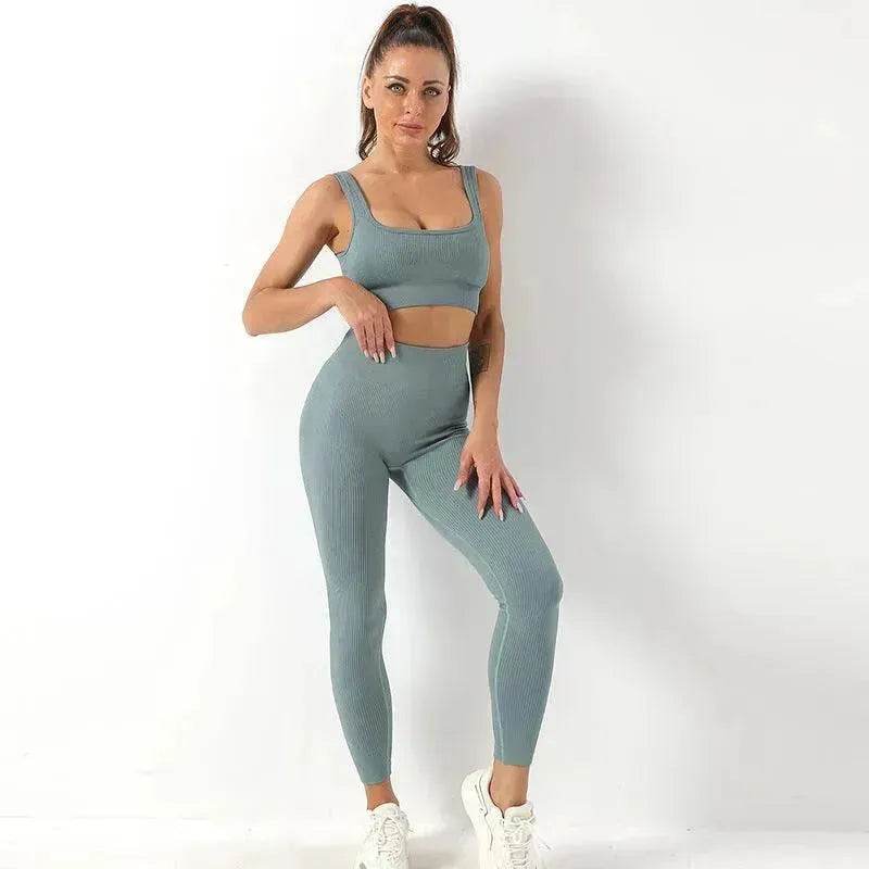 2pcs Thread Yoga Suit Seamless Bra And Butt Lifting High Waist Leggings Set For Women Sports Fitness Yoga Pants Sportswear Outfits Clothing - www.Shopthatapp.com