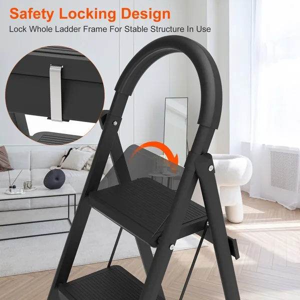 3-Step Folding Ladder, 330lbs Load Capacity, Lightweight 6.94lbs With 1.57in Folding Width, Heavy Duty Steel Construction, Non-Slip Pedals & Feet, Safety Lock, Multi-Use For Home Kitchen Living Room - www.Shopthatapp.com #