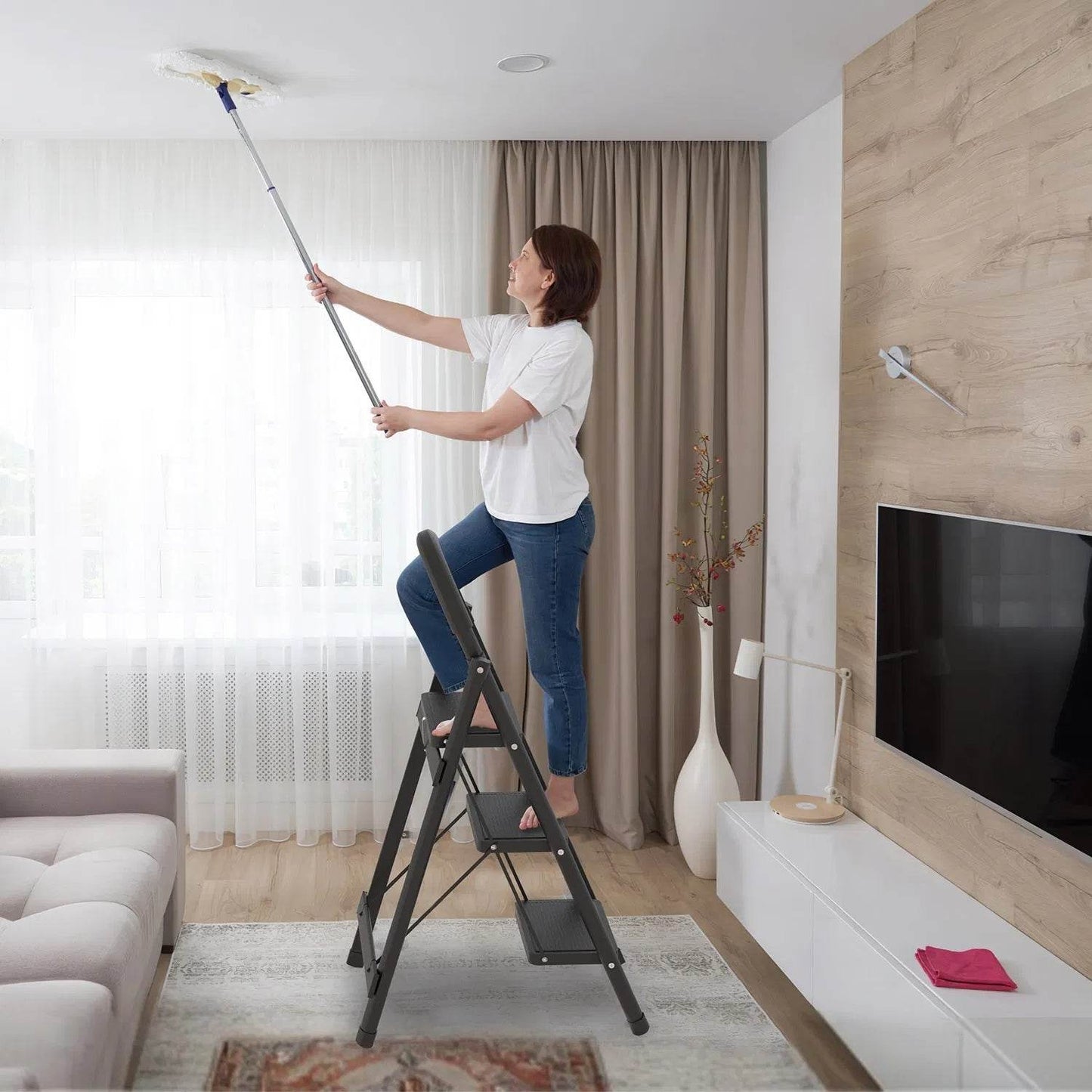 3-Step Folding Ladder, 330lbs Load Capacity, Lightweight 6.94lbs With 1.57in Folding Width, Heavy Duty Steel Construction, Non-Slip Pedals & Feet, Safety Lock, Multi-Use For Home Kitchen Living Room - www.Shopthatapp.com #