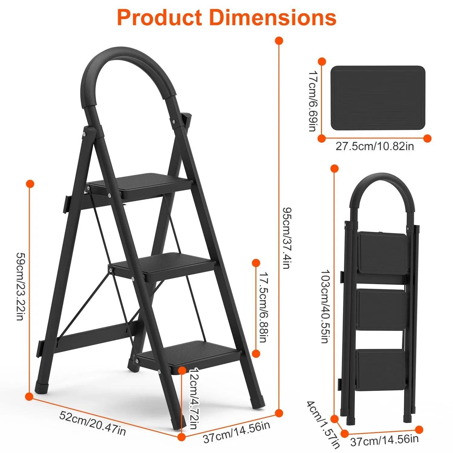 3-Step Folding Ladder, 330lbs Load Capacity, Lightweight 6.94lbs With 1.57in Folding Width, Heavy Duty Steel Construction, Non-Slip Pedals & Feet, Safety Lock, Multi-Use For Home Kitchen Living Room - www.Shopthatapp.com #