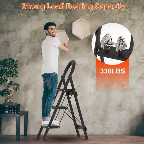 3-Step Folding Ladder, 330lbs Load Capacity, Lightweight 6.94lbs With 1.57in Folding Width, Heavy Duty Steel Construction, Non-Slip Pedals & Feet, Safety Lock, Multi-Use For Home Kitchen Living Room - www.Shopthatapp.com #