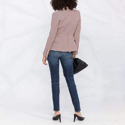 Houndstooth Small Jacket Women Long-Sleeved Double-Breasted Plaid Blazer - www.Shopthatapp.com
