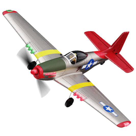 Avion télécommandé Xiaobaima BM26 P51D Warbird 4 canaux avec gyroscope et lumières LED - Rouge/Bleu