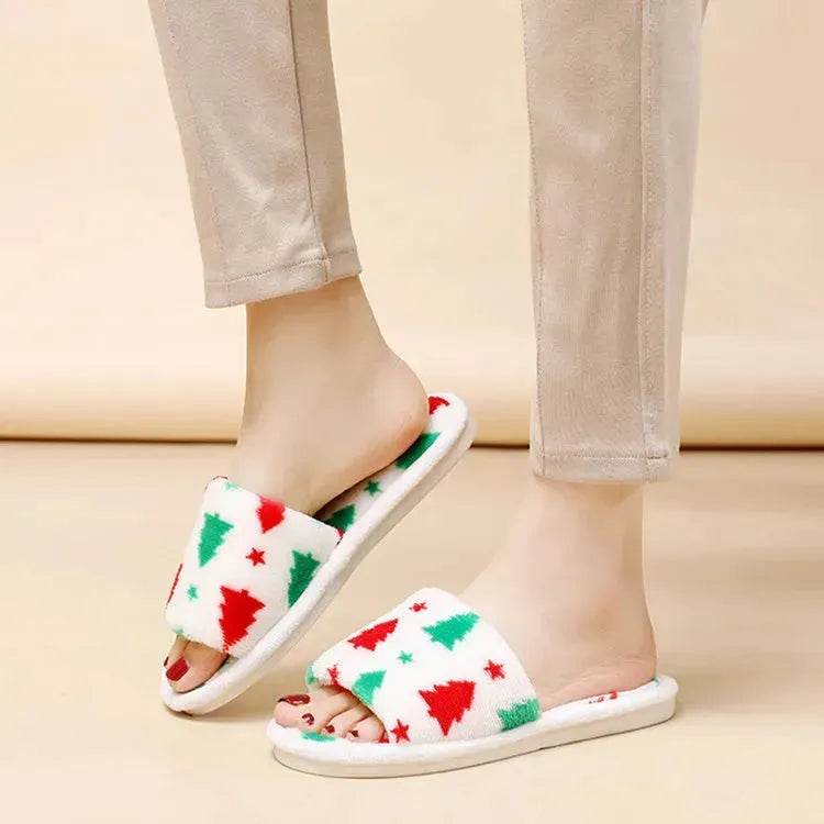 Christmas Tree Home Slippers Fashion Floor Bedroom Open-toe Plush Slippers For Women Fuzzy House Shoes - www.Shopthatapp.com