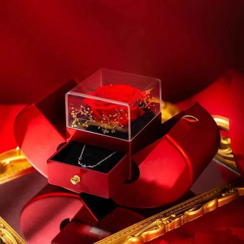 Fashion Jewelry Box Red Apple Christmas Gift Necklace Eternal Rose For Girl Mother's Day Valentine's Day Gifts With Artificial Flower Rose Flower Jewelry Box - www.Shopthatapp.com