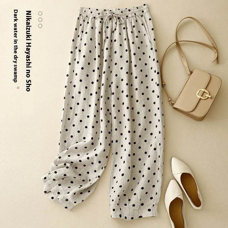 Cotton Hemp Polka Dots Tied Elastic Waist Harem wide go lneg trouser Pants For Women - www.Shopthatapp.com