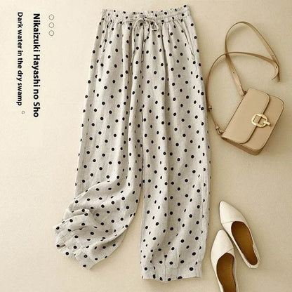 Cotton Hemp Polka Dots Tied Elastic Waist Harem wide go lneg trouser Pants For Women - www.Shopthatapp.com