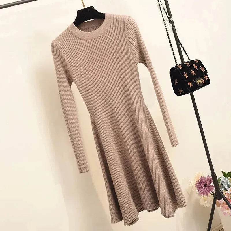 Autumn Winter Round neck Slim fit Mini Flared Sweater Dress - www.Shopthatapp.com