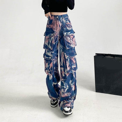 New Tie-dye Baggy CargoTrousers With Pockets Y2K Fashion High Waist Loose Wide Leg Pants Spring And Autumn - www.Shopthatapp.com