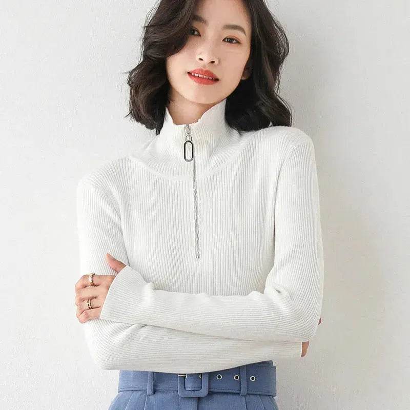 Women Autumn Winter Slim Fit High neck Half zip Knitted sweater Top - www.Shopthatapp.com