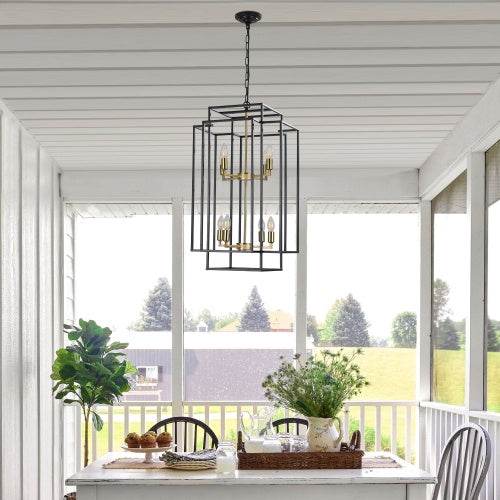 8 Lights Black & Gold Lantern Tiered Chandelier, Industrial Farmhouse Chandelier - No Bulbs - www.Shopthatapp.com