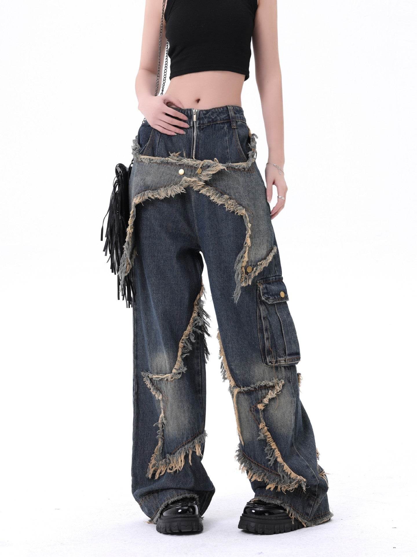 Distressed Denim Pant for women Oversized Streetstyle Patch Cargo Jeans Pant - www.Shopthatapp.com