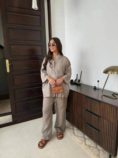 Casual Women Wide Leg Pants Long Sleeves Shirt Sets Ladies Loose High Street 2 Piece Outfits Pant co ords for Women Trouser co ords for Women - www.Shopthatapp.com