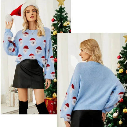 Christmas Sweater Women Cute Cartoon Santa Print Knit Sweater Winter Tops - www.Shopthatapp.com
