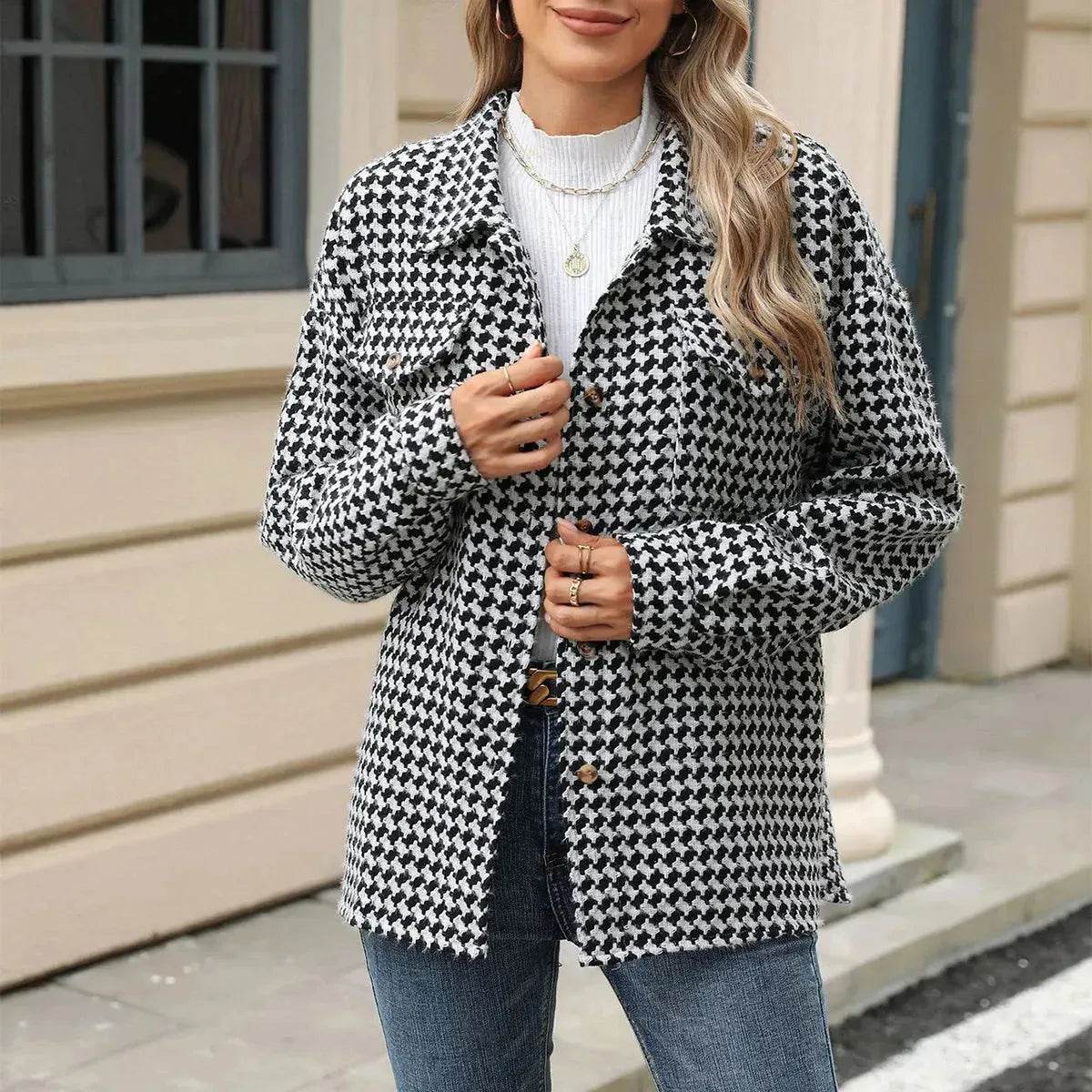 Casual Houndstooth Lapel Tweed Button long sleeve shirt tops for women - www.Shopthatapp.com