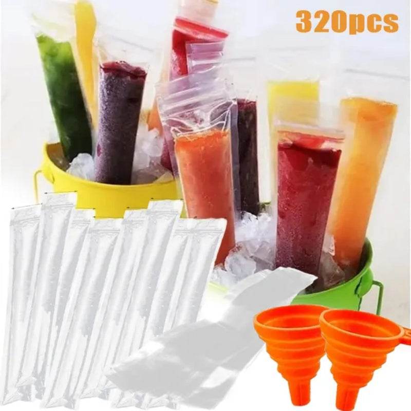 320 Pcs Disposable Beverage Packaging Bag Ice Popsicle Mold Bags With 2 Pcs Orange Funnels DIY Ice Lolly Bags BPA Free Freezer Tubes With Zip Seals For Summer Halloween Birthday Party - www.Shopthatapp.com #