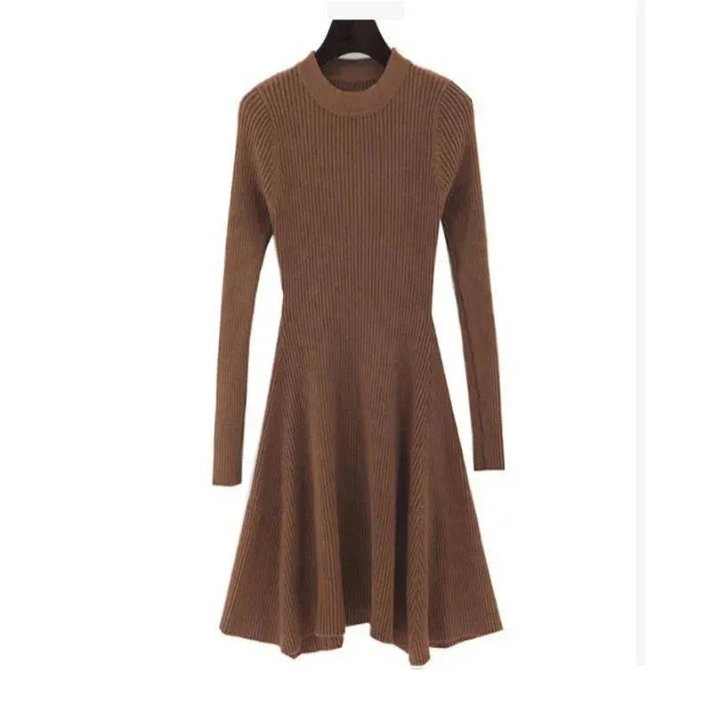 Autumn Winter Round neck Slim fit Mini Flared Sweater Dress - www.Shopthatapp.com
