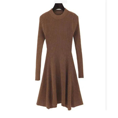 Autumn Winter Round neck Slim fit Mini Flared Sweater Dress - www.Shopthatapp.com