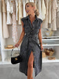 Elegant Lapel Single Breasted Button down Denim Midi Dress Tie belt Split Jeans Dress - www.Shopthatapp.com