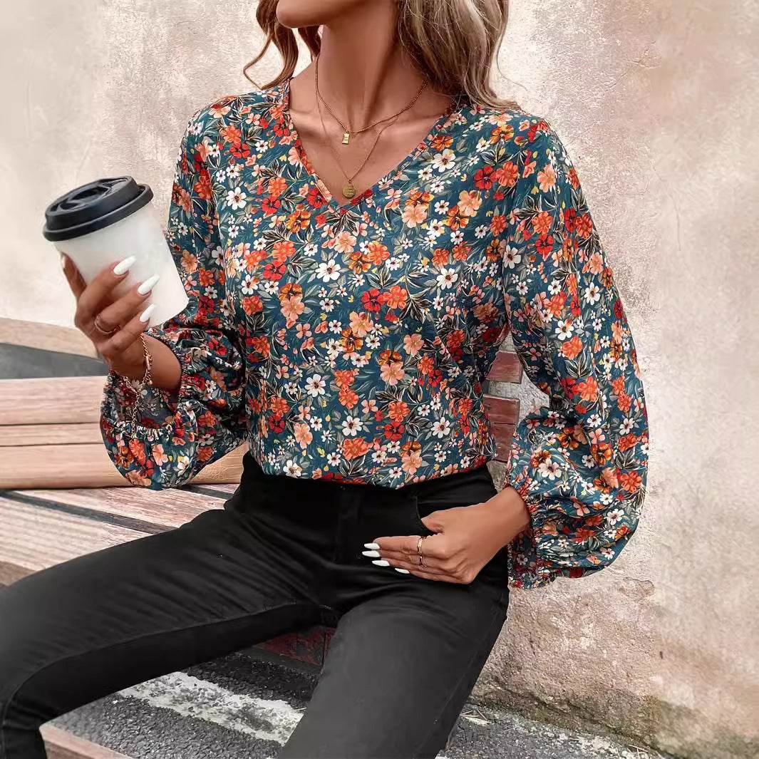 Women's V-neck Lantern Long Sleeve Shirt Autumn casual blouse top - www.Shopthatapp.com