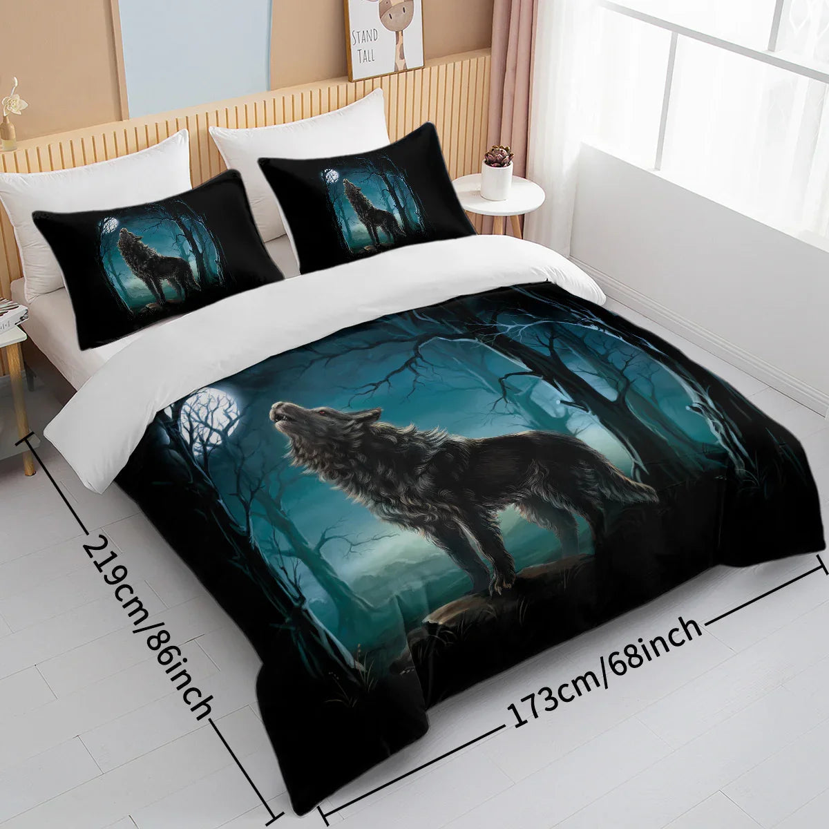 Moon Wolf Bedding Green Watercolor Forest Wolf Landscape Duvet Cover Sets 3 Pieces Wild Animal Bedding Set Twin Full Queen King Size - www.Shopthatapp.com