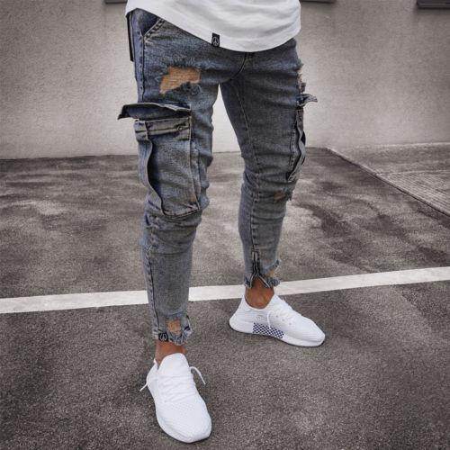 Cargo Hole Denim Jeans Men pant slim fitted - www.Shopthatapp.com