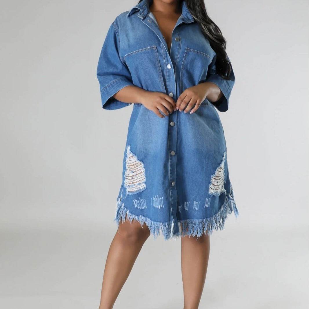 Women's Fashion 3/4 sleeve Mid Length loose Denim Jeans Dress - www.Shopthatapp.com