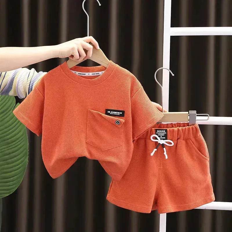 Children's Summer Clothing Casual Plain color Cotton Short Sleeve shirt and Short pant Two-piece Set - www.Shopthatapp.com