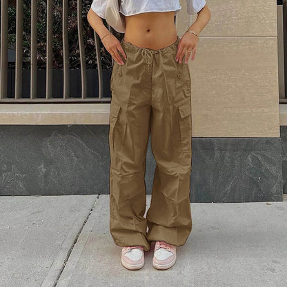 Casual Cargo Pants For Women Solid Color Drawstring Pocket Design Fashion Street Trousers Girls - www.Shopthatapp.com