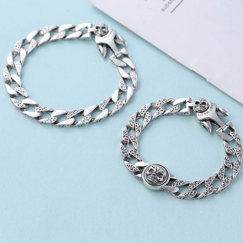 Sterling Silver Ornament Men's Trendy Rotating Skull Retro Fashion Tang Grass Pattern Bracelet - www.Shopthatapp.com