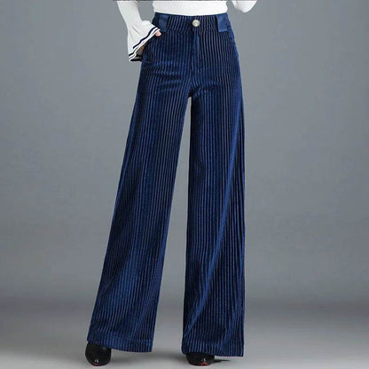 Gold Silk Striped Velvet Wide Leg trouser Pants Women - www.Shopthatapp.com