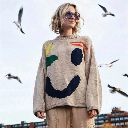 Ugly Christmas Knitted Sweater Women's Long-sleeved Round Neck Yarn-dyed Printed Top Women's - www.Shopthatapp.com